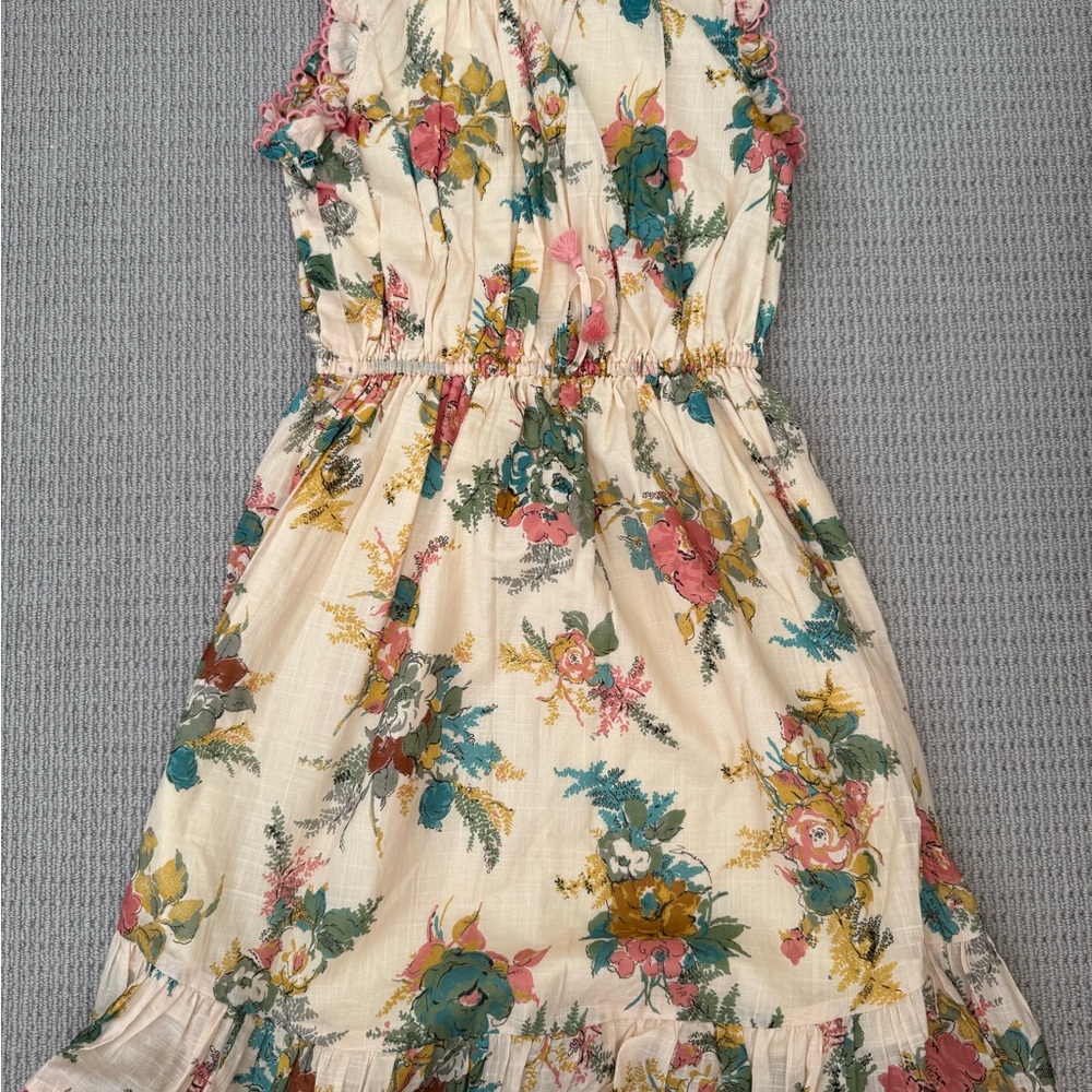 Zimmermann Cream Floral Ruffled Girls Dress with Pink and Teal Accents